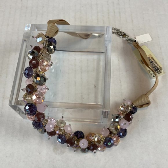 NWT Gold Purple Pink Taupe Beaded Grosgrain Ribbon Silver Clasp Macy's Necklace - Picture 3 of 6